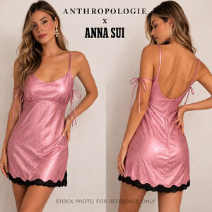Anthropologie Anna Sui Bubblegum Pink Faux Leather Lace Trim Slip Dress Size 0
